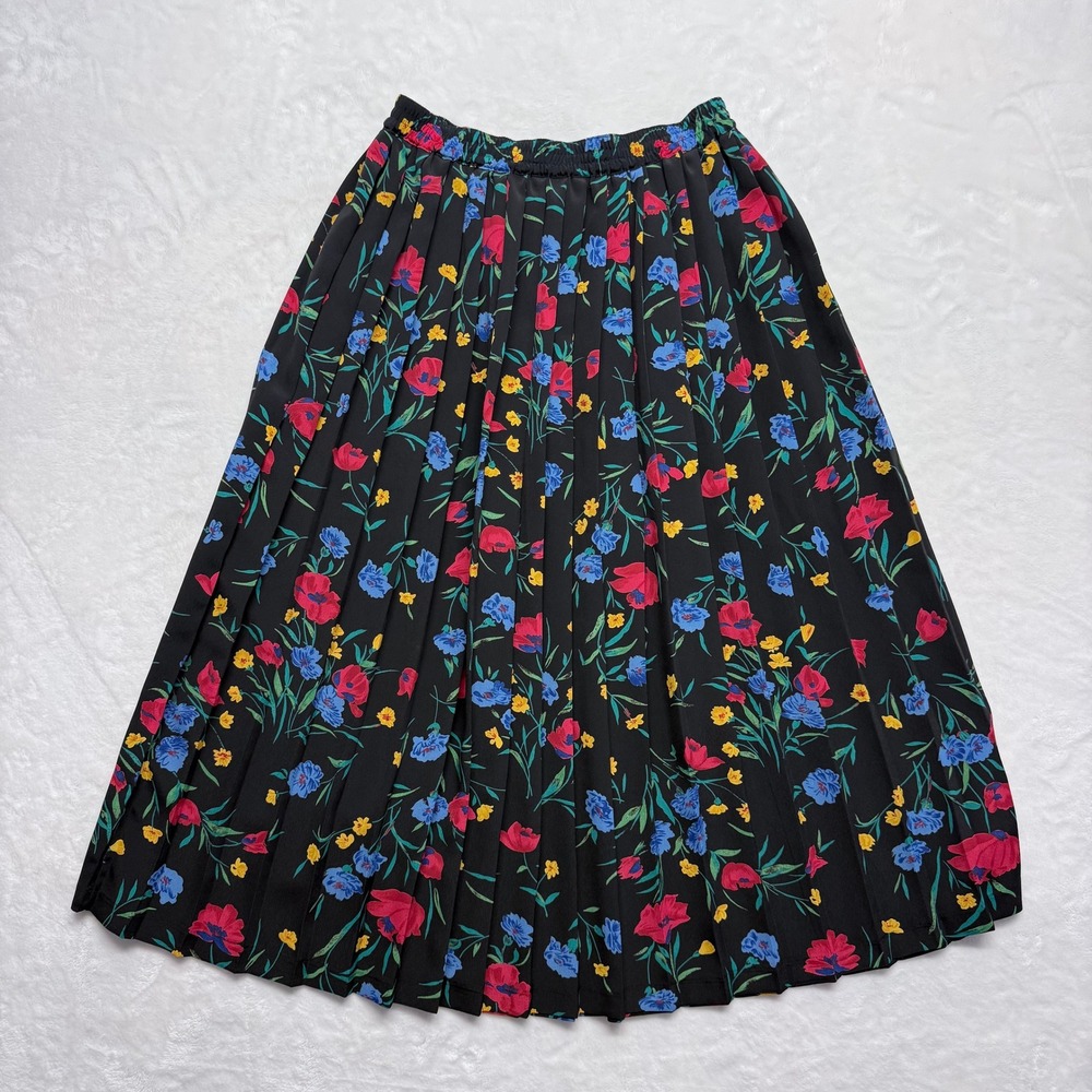 Alfred Dunner Floral Pleated Midi Skirt Women's Size 8 Black Red Blue Yellow‎